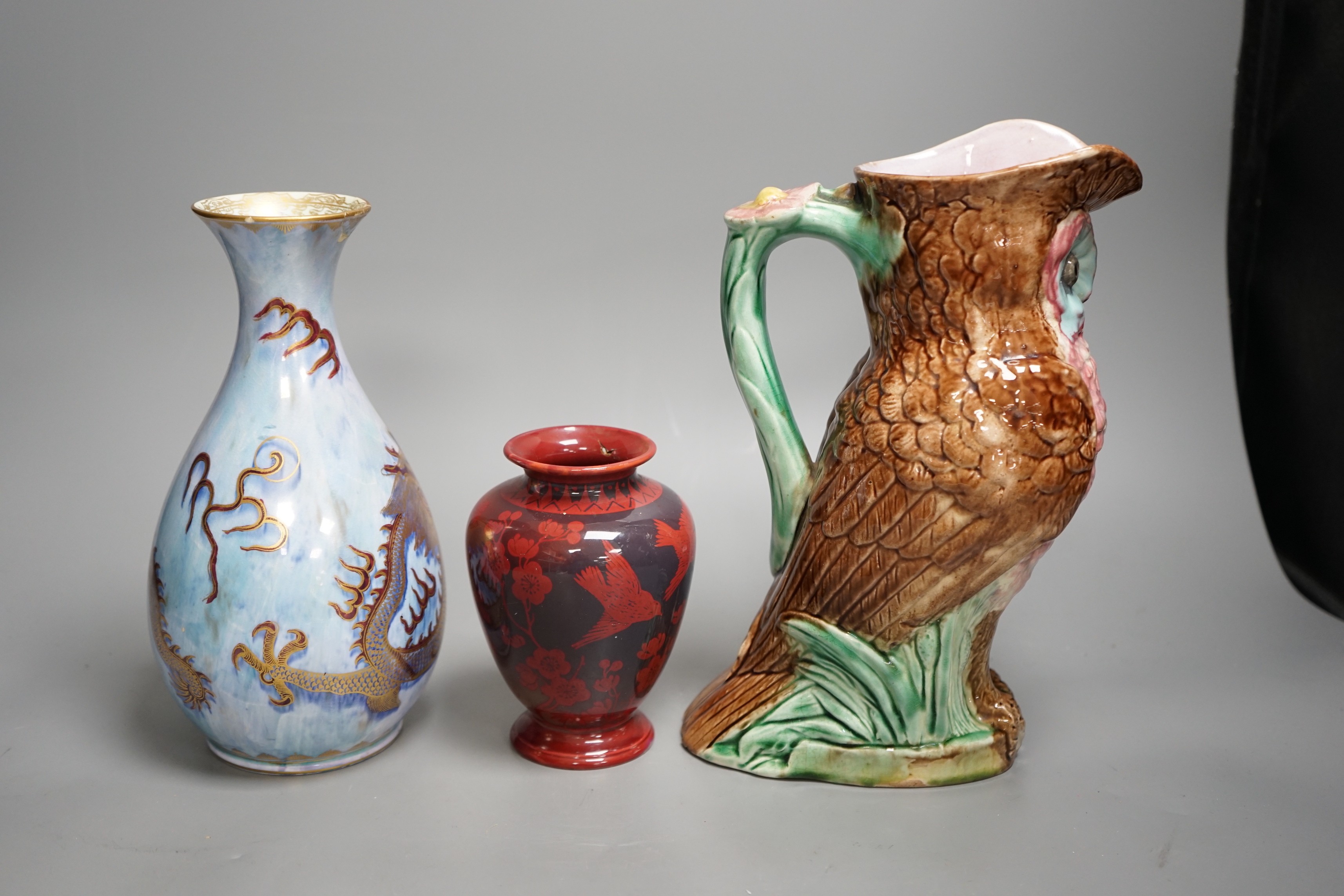 A majolica owl jug, a Wedgwood lustre vase and a Bernard Moore vase (all a.f.)